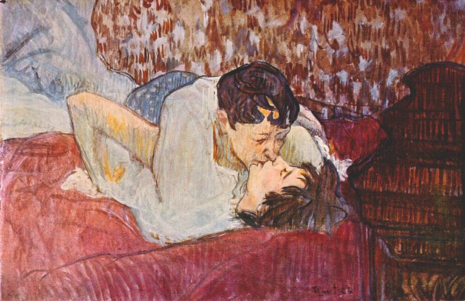 Tableau de Toulouse Lautrec d'un couple enlacé couché sur un lit.